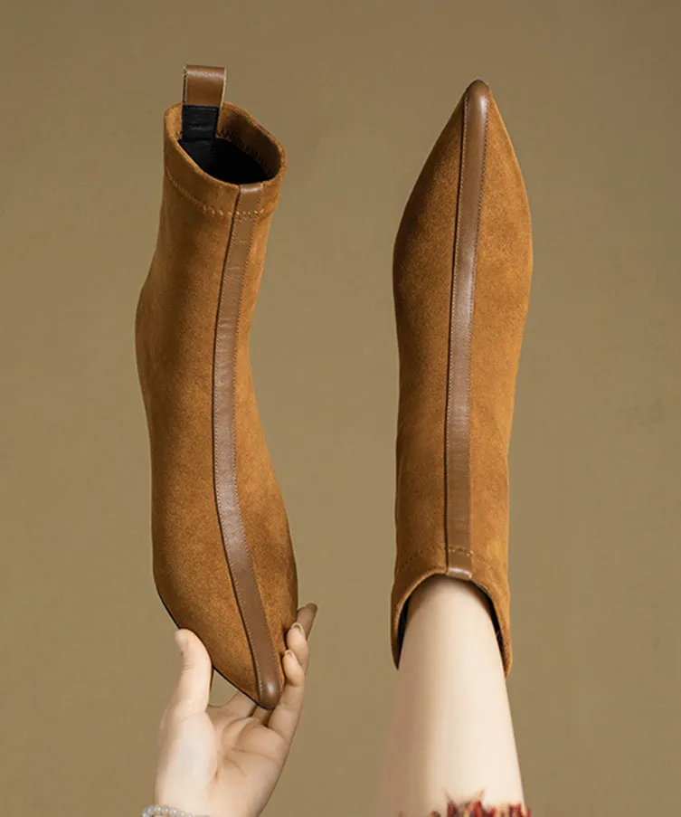 2024 Splicing Stiletto Boots Khaki Suede Pointed Toe RS011