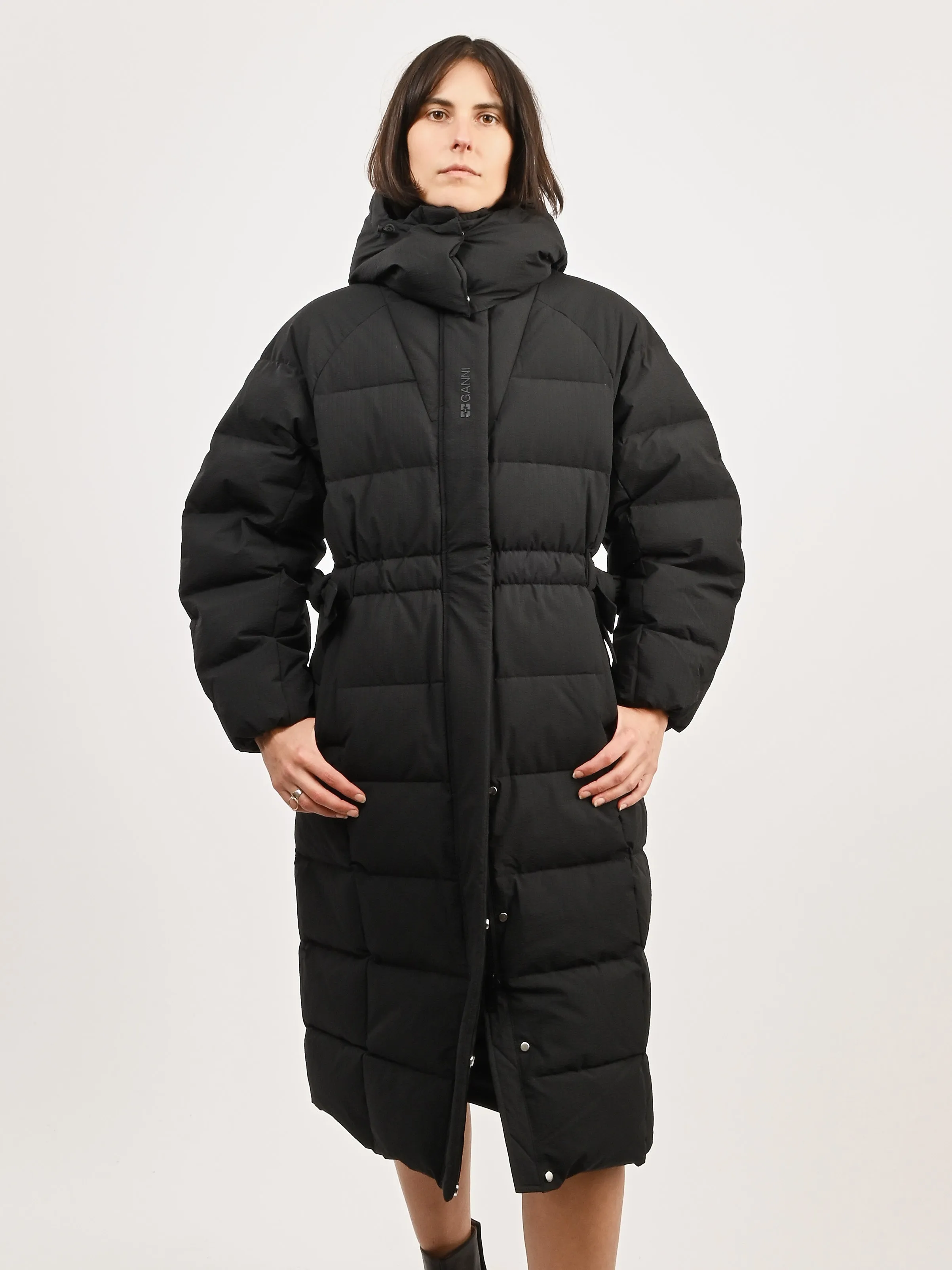 Black Tech Seersucker Puffer Coat