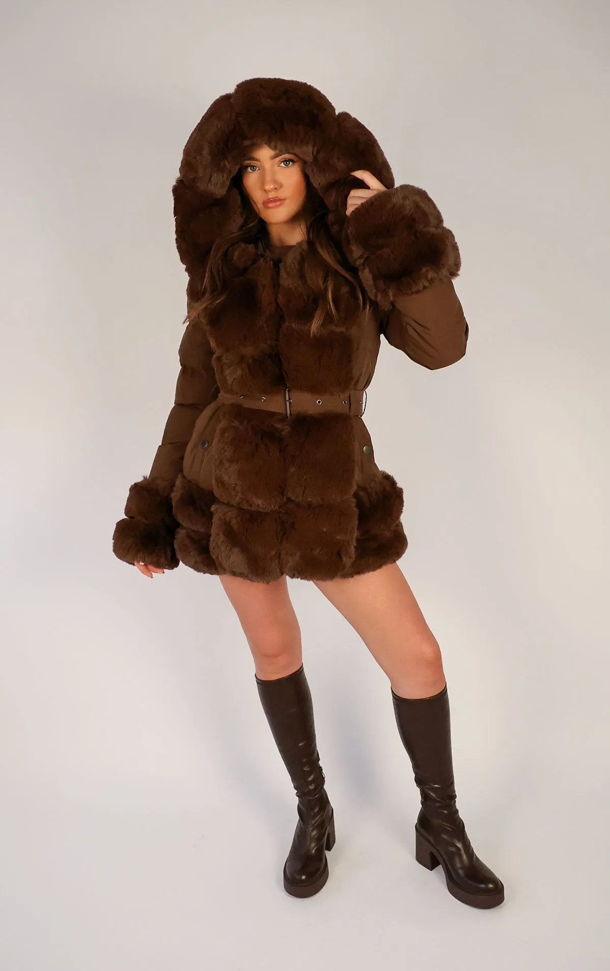 Brown Faux Fur Trim Puffer Hooded Coat