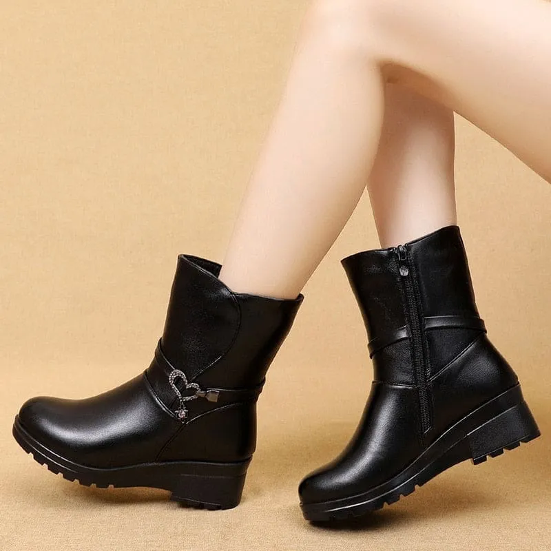 Casual Round Toe Zipper Mid Calf Plush Warm Women Shoes