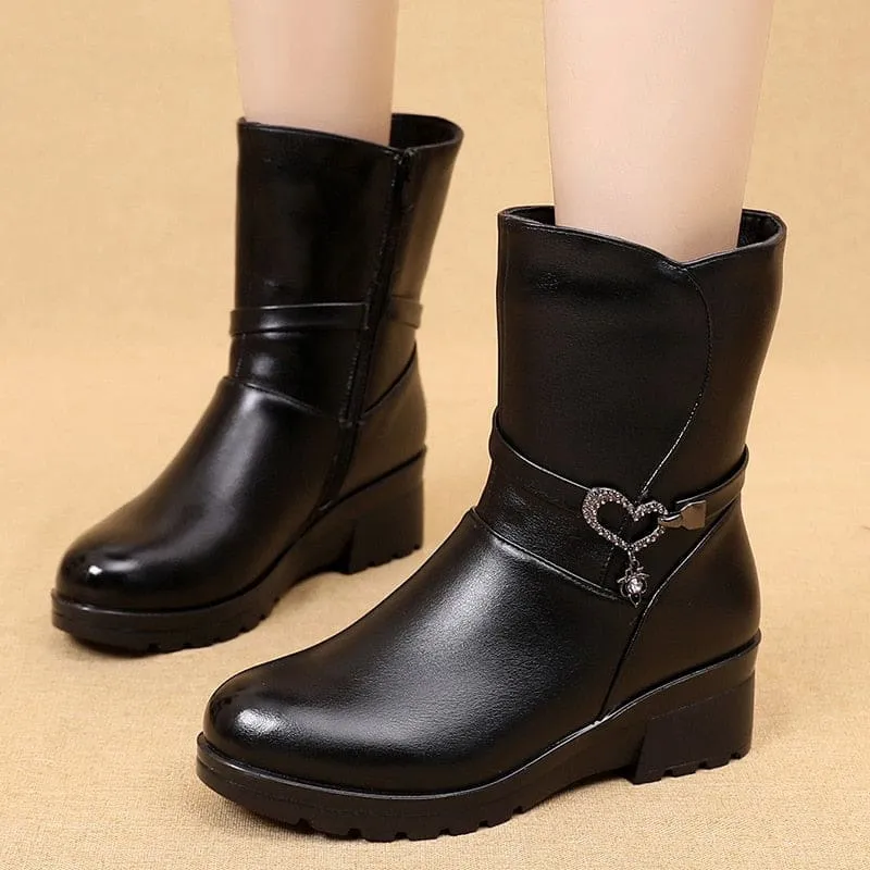 Casual Round Toe Zipper Mid Calf Plush Warm Women Shoes