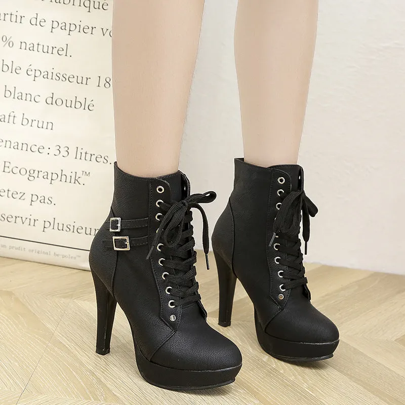 Chic Lace-Up Belt Buckle High Heel Boots