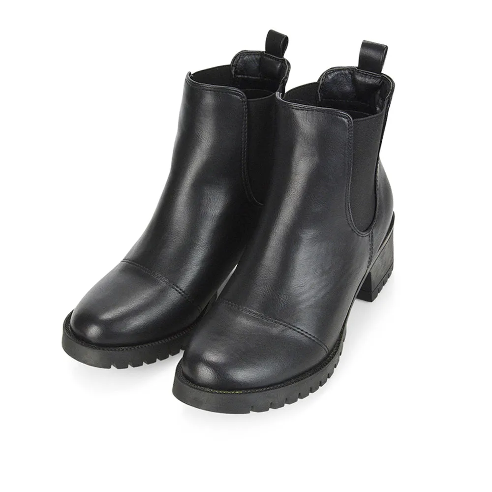 Elsie Chunky Sole Slip on Mid-Blocked Heeled Ankle Chelsea Boots in Black PU