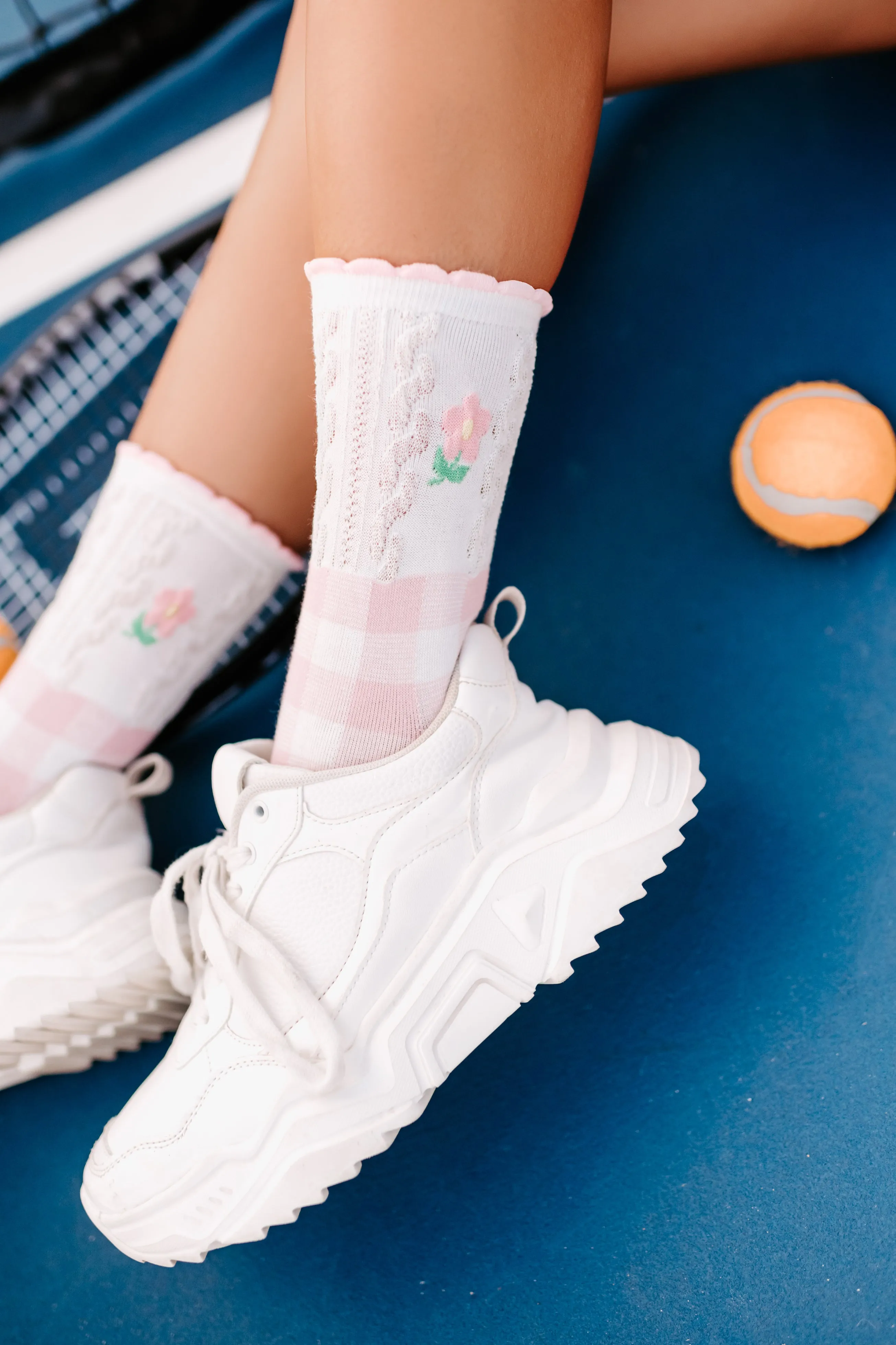 Flower Girl Checkered Flower Crew Sock (Pink)