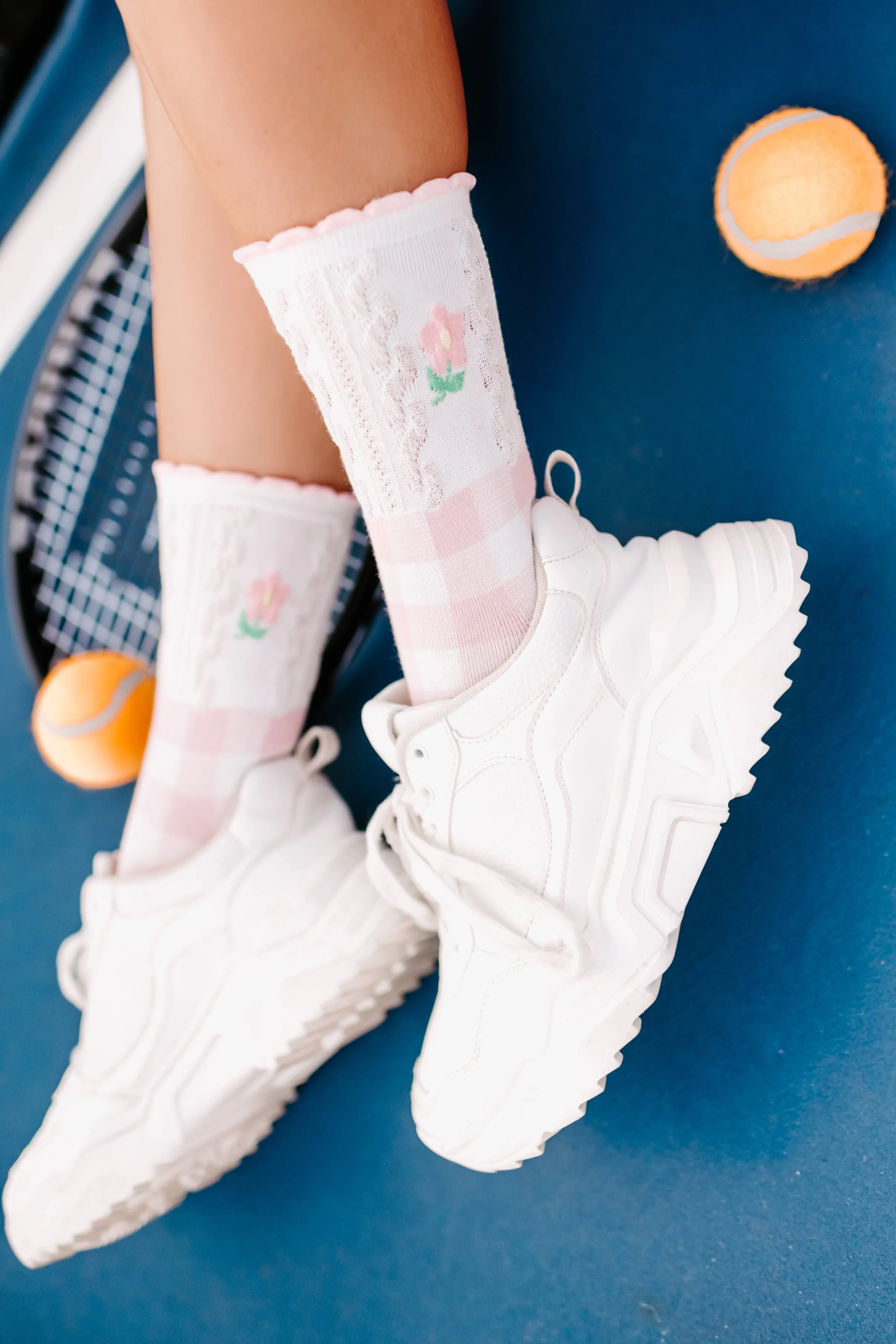 Flower Girl Checkered Flower Crew Sock (Pink)