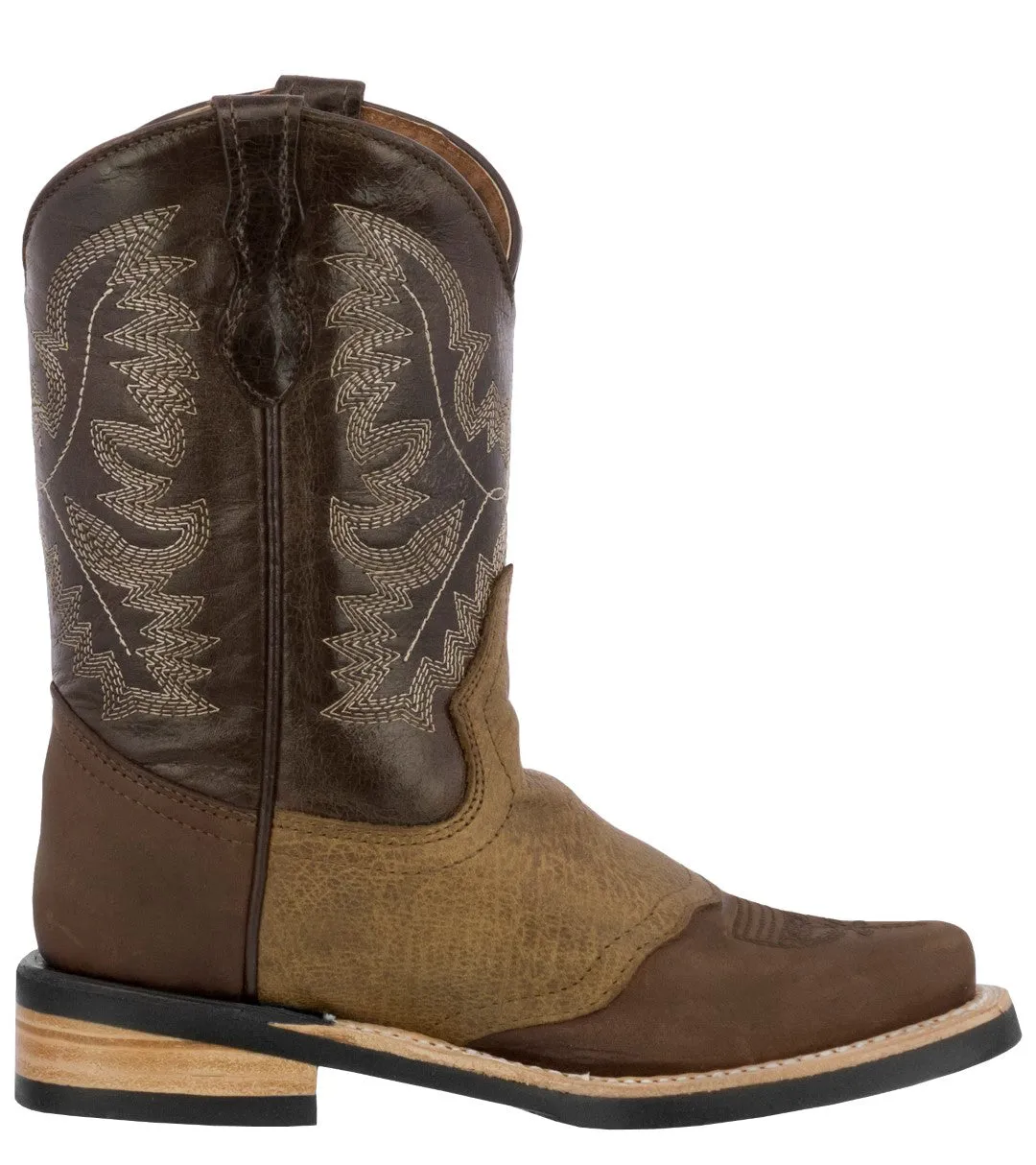 Kids Unisex Real Leather Western Boots Brown Square Toe Botas