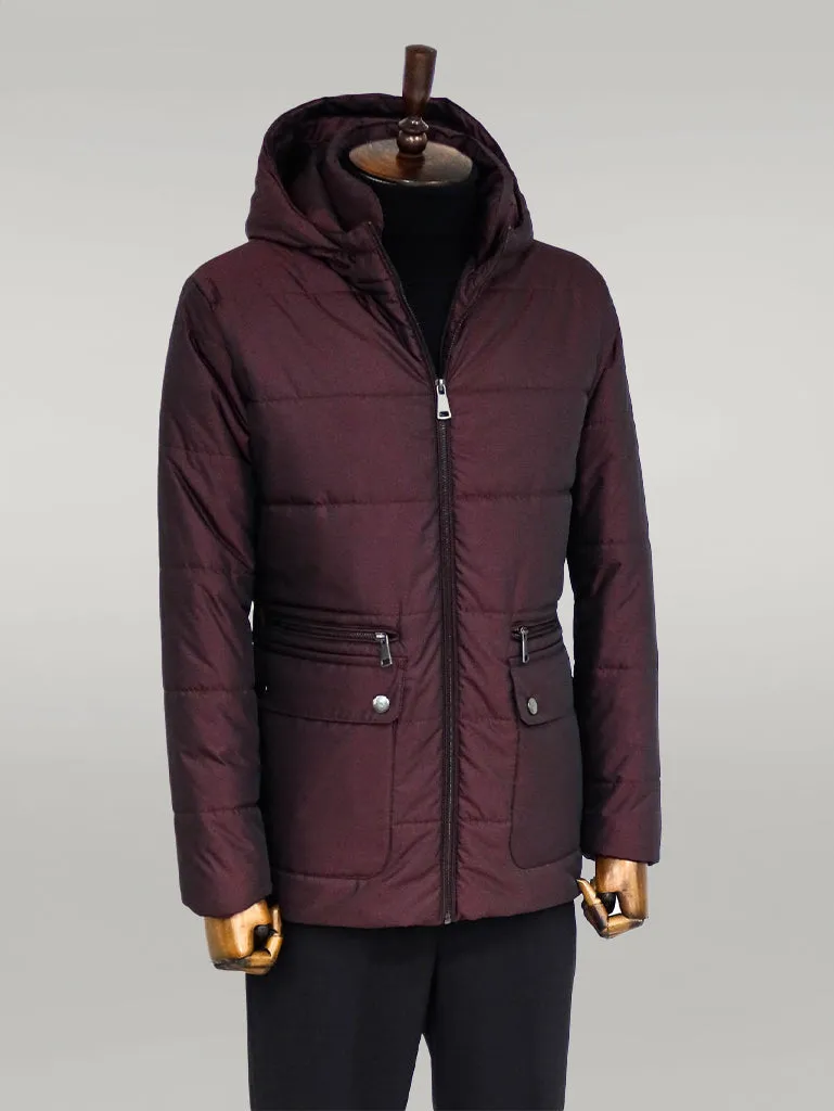 Slim Fit Hooded Burgundy Men Coat - Wessi
