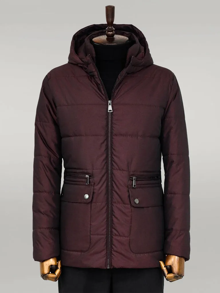 Slim Fit Hooded Burgundy Men Coat - Wessi