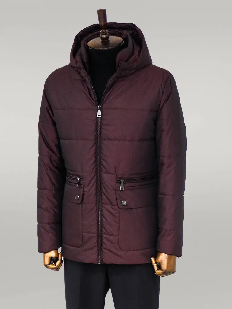 Slim Fit Hooded Burgundy Men Coat - Wessi