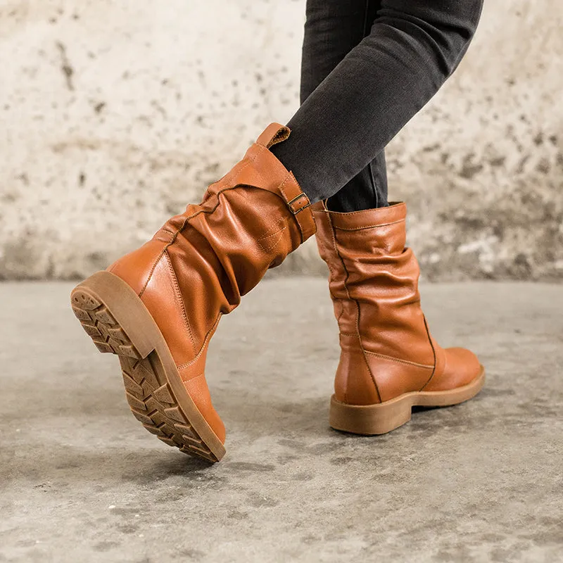 Soft Leather Mid Calf Boots Fold Design Riding Boots Short Plush Lined For Winter