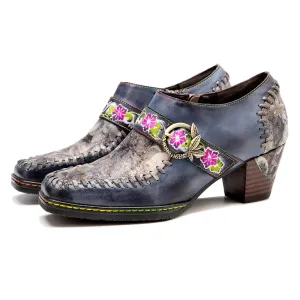 Square Toe Hand-painted Leather Pumps