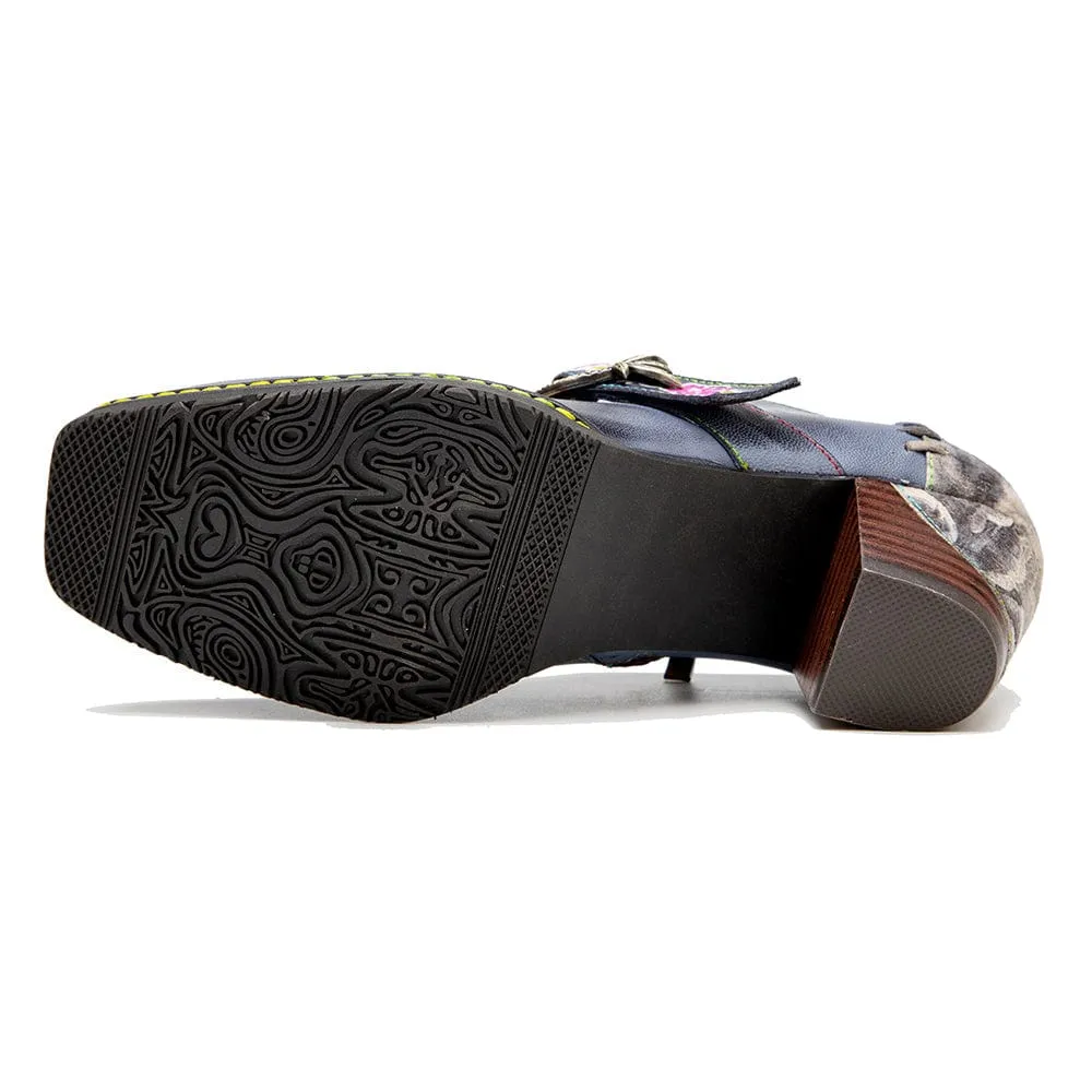 Square Toe Hand-painted Leather Pumps