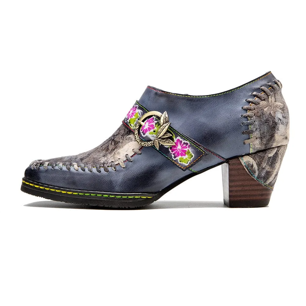 Square Toe Hand-painted Leather Pumps
