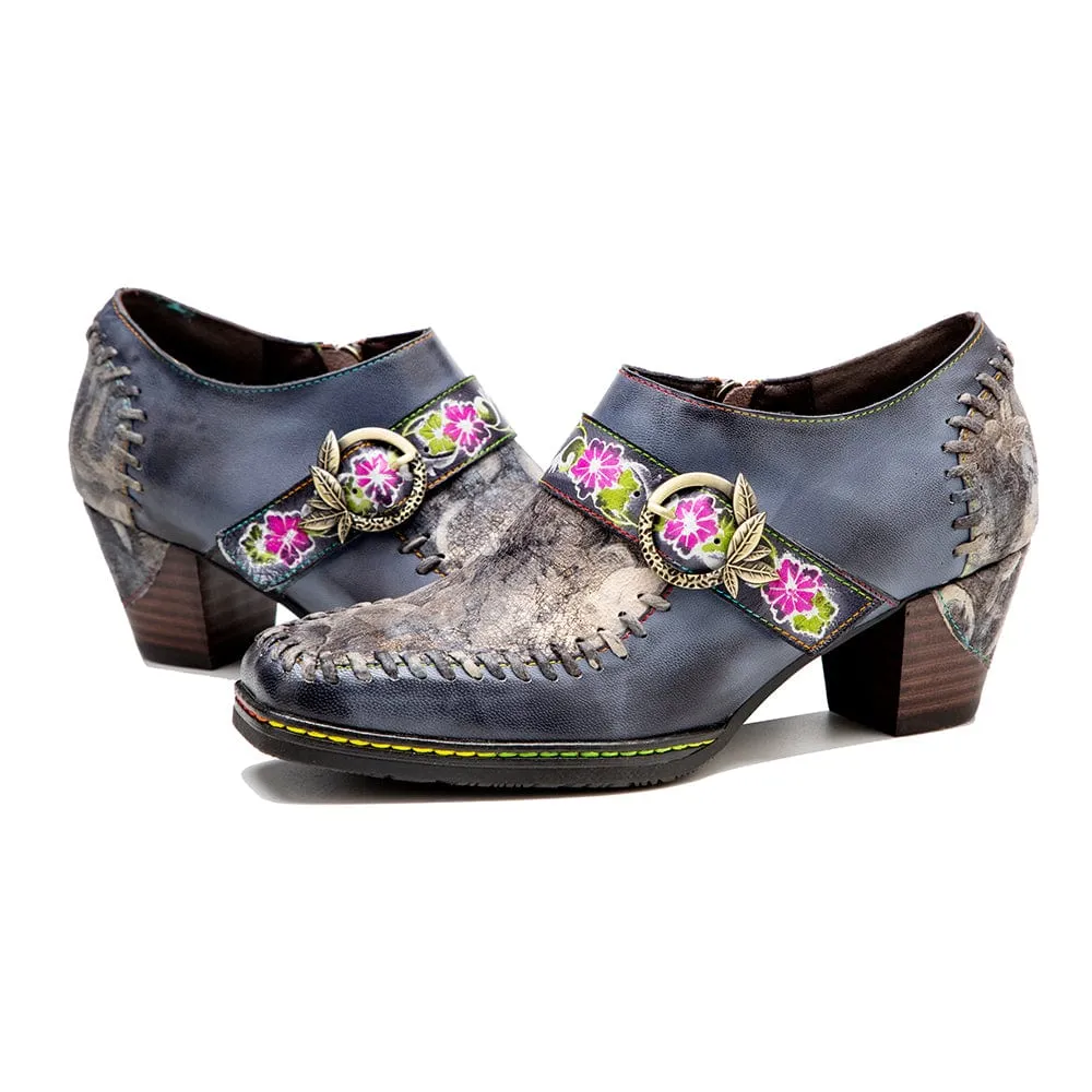 Square Toe Hand-painted Leather Pumps