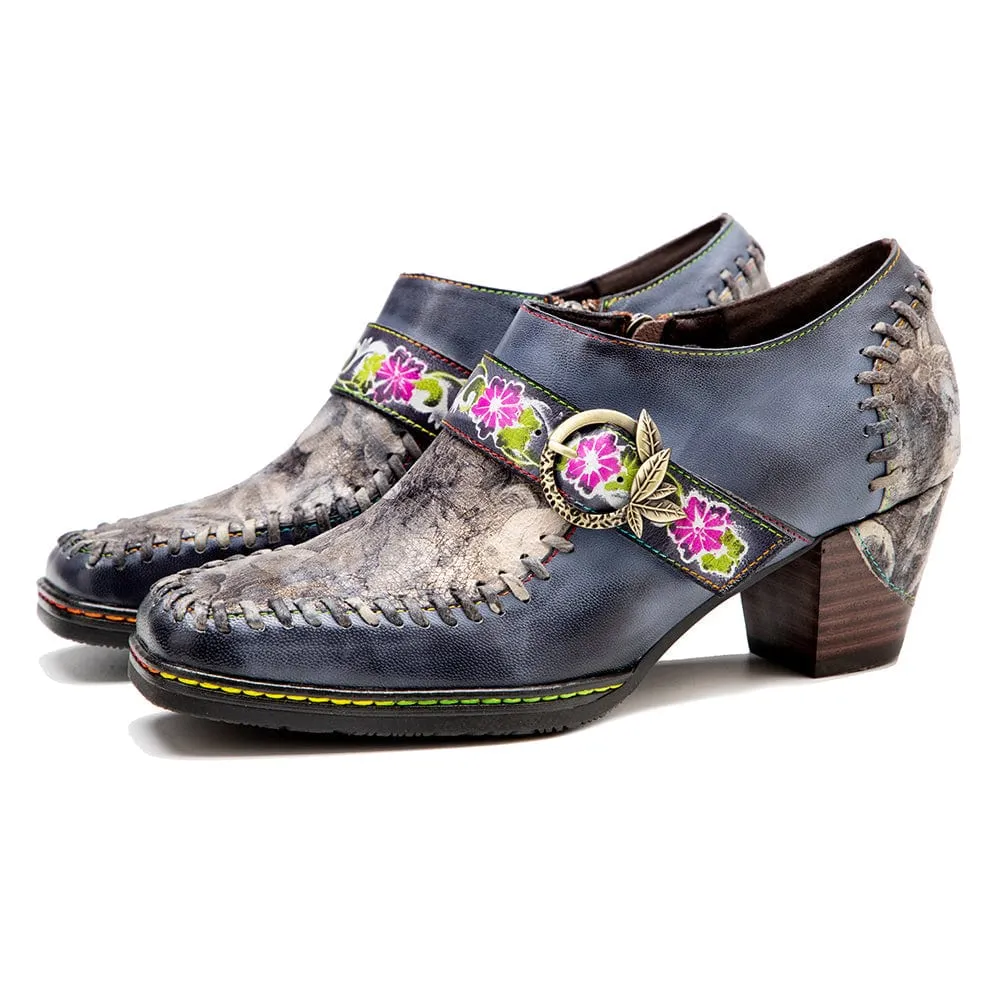 Square Toe Hand-painted Leather Pumps