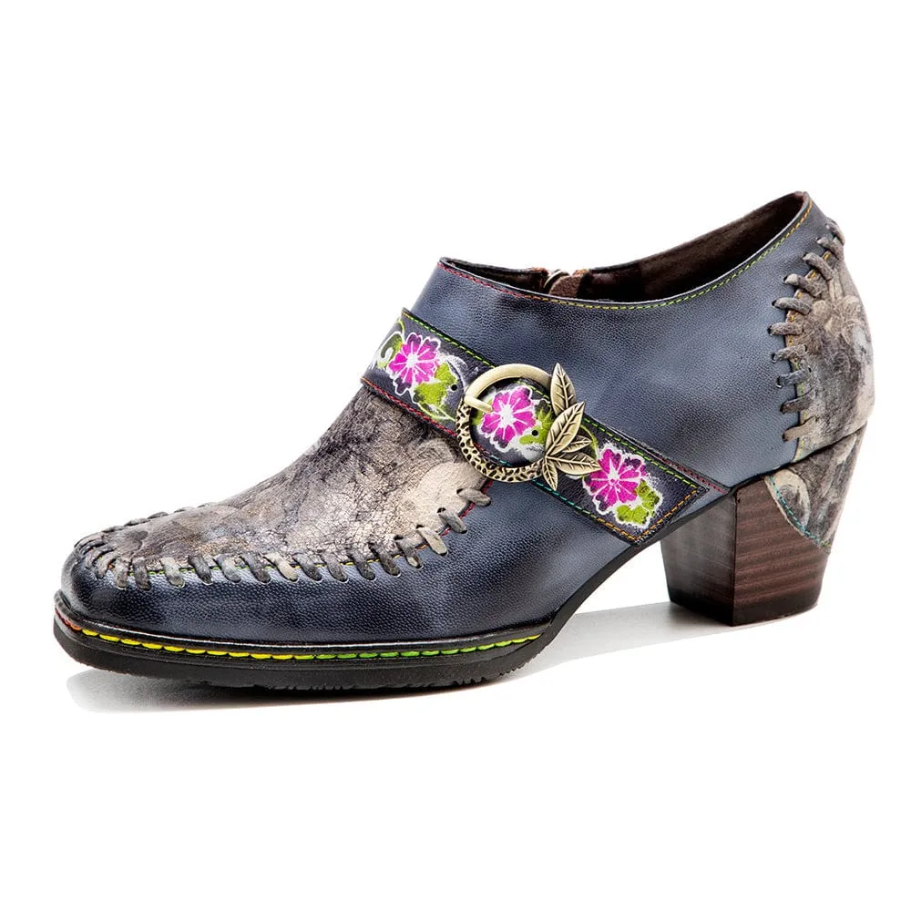 Square Toe Hand-painted Leather Pumps