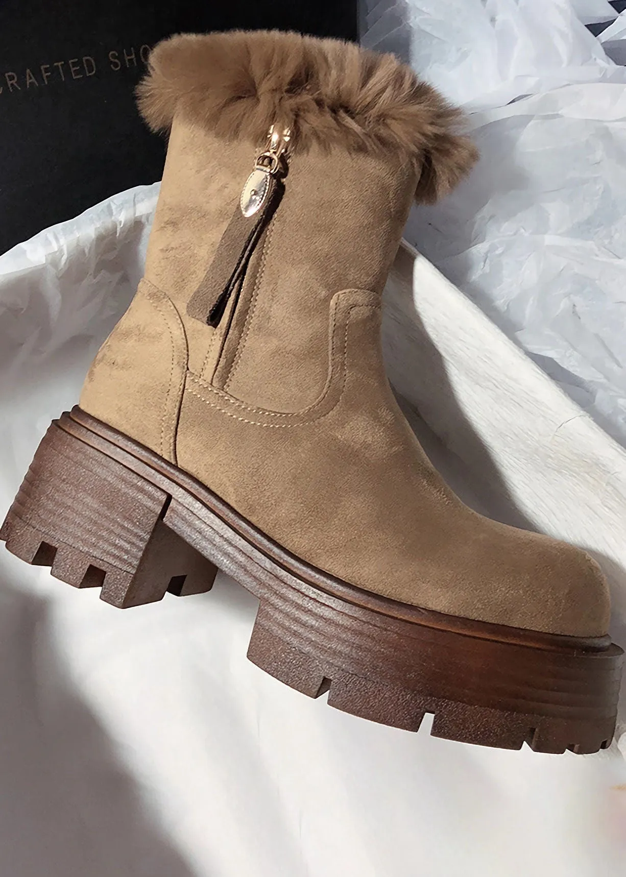Suede Leather Fluffy Rabbit Fur Lined Booties