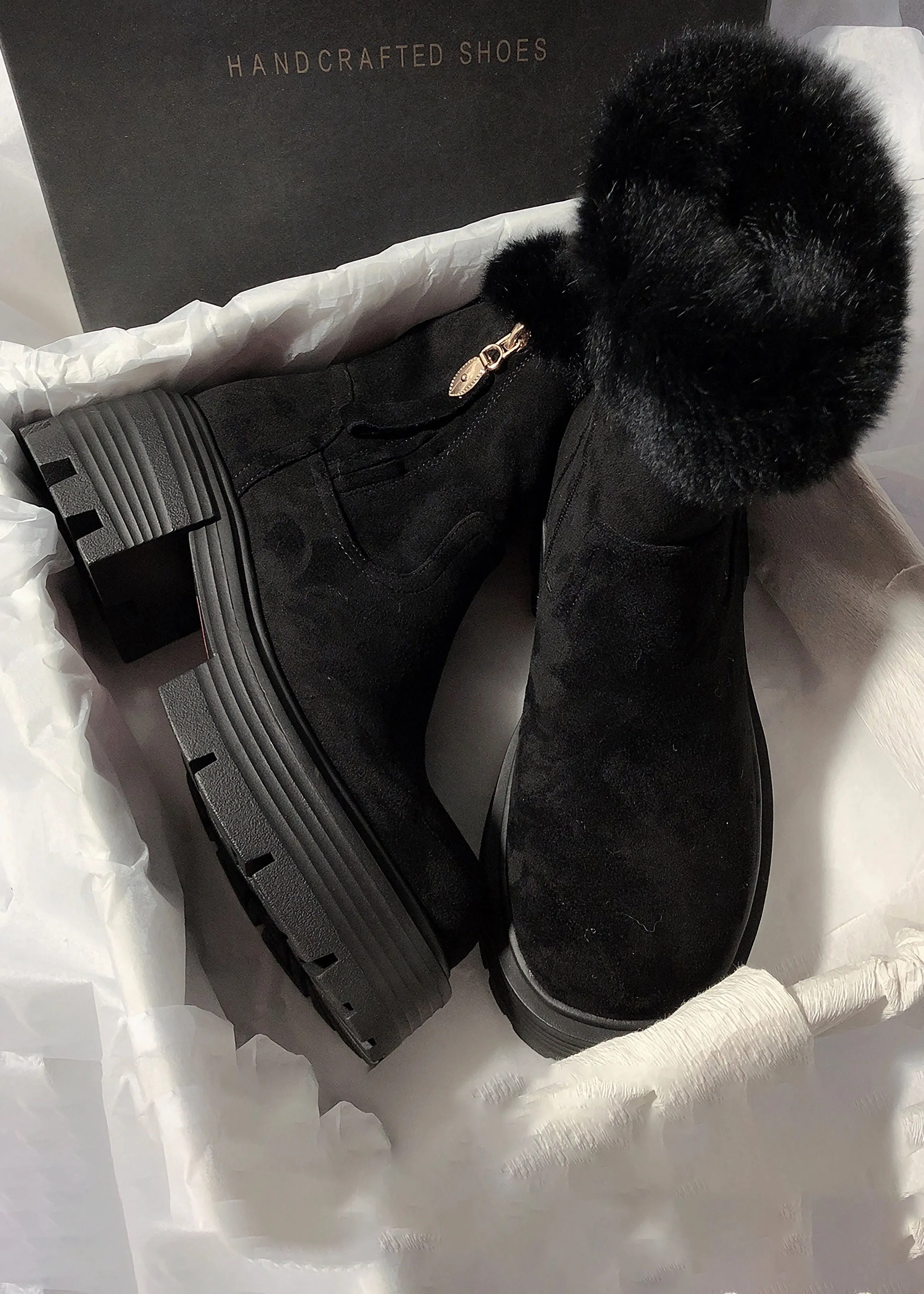 Suede Leather Fluffy Rabbit Fur Lined Booties