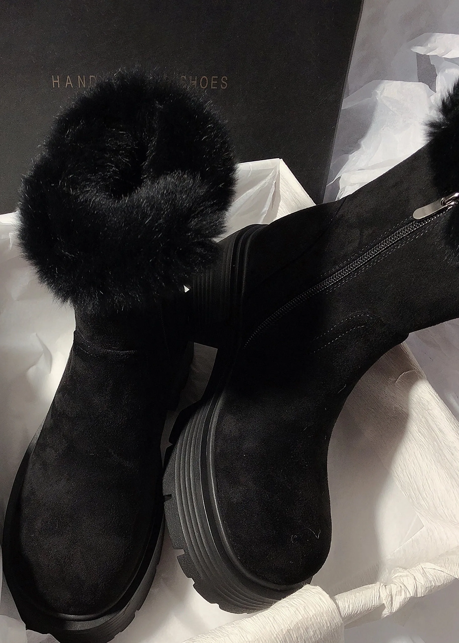 Suede Leather Fluffy Rabbit Fur Lined Booties
