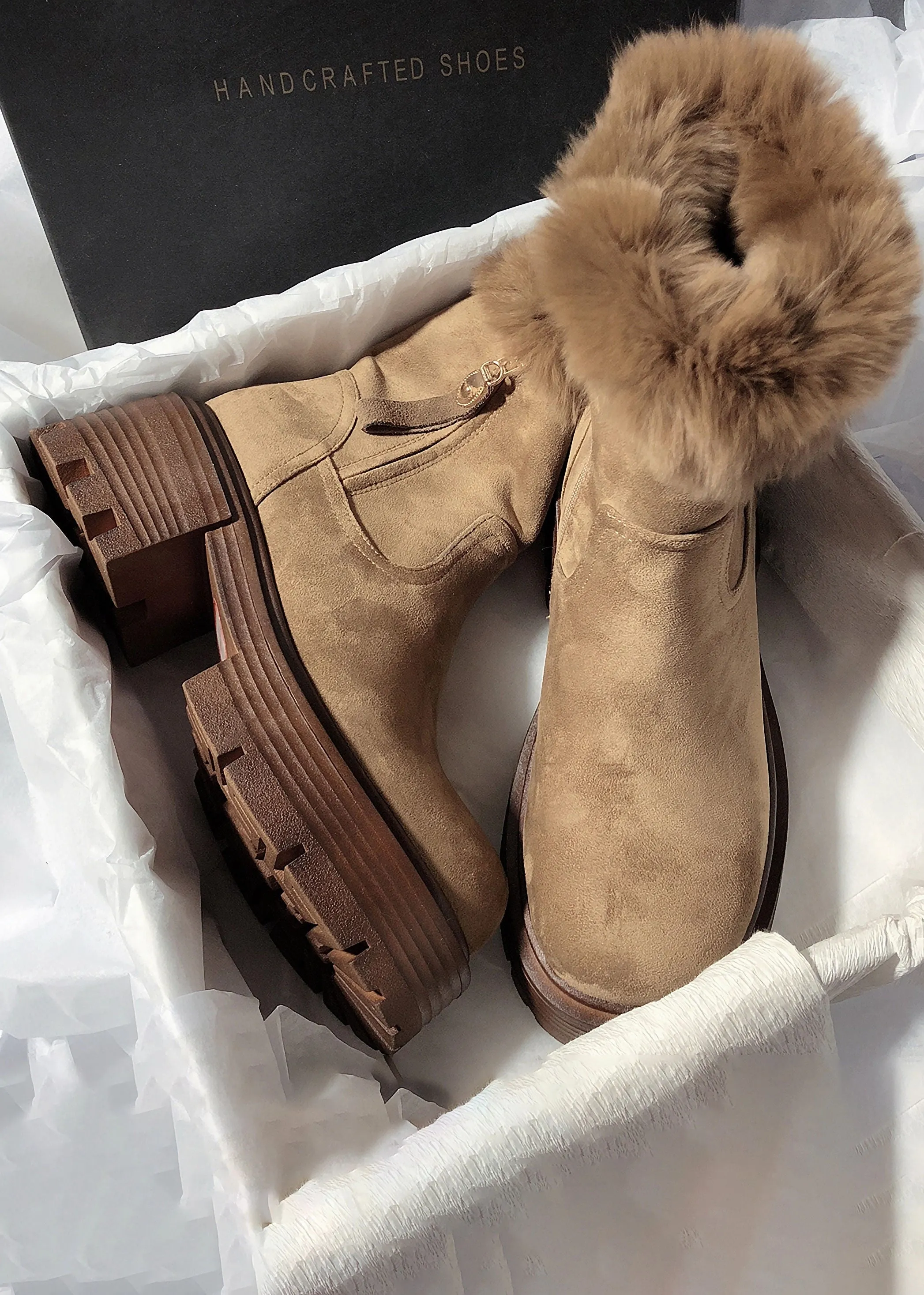 Suede Leather Fluffy Rabbit Fur Lined Booties