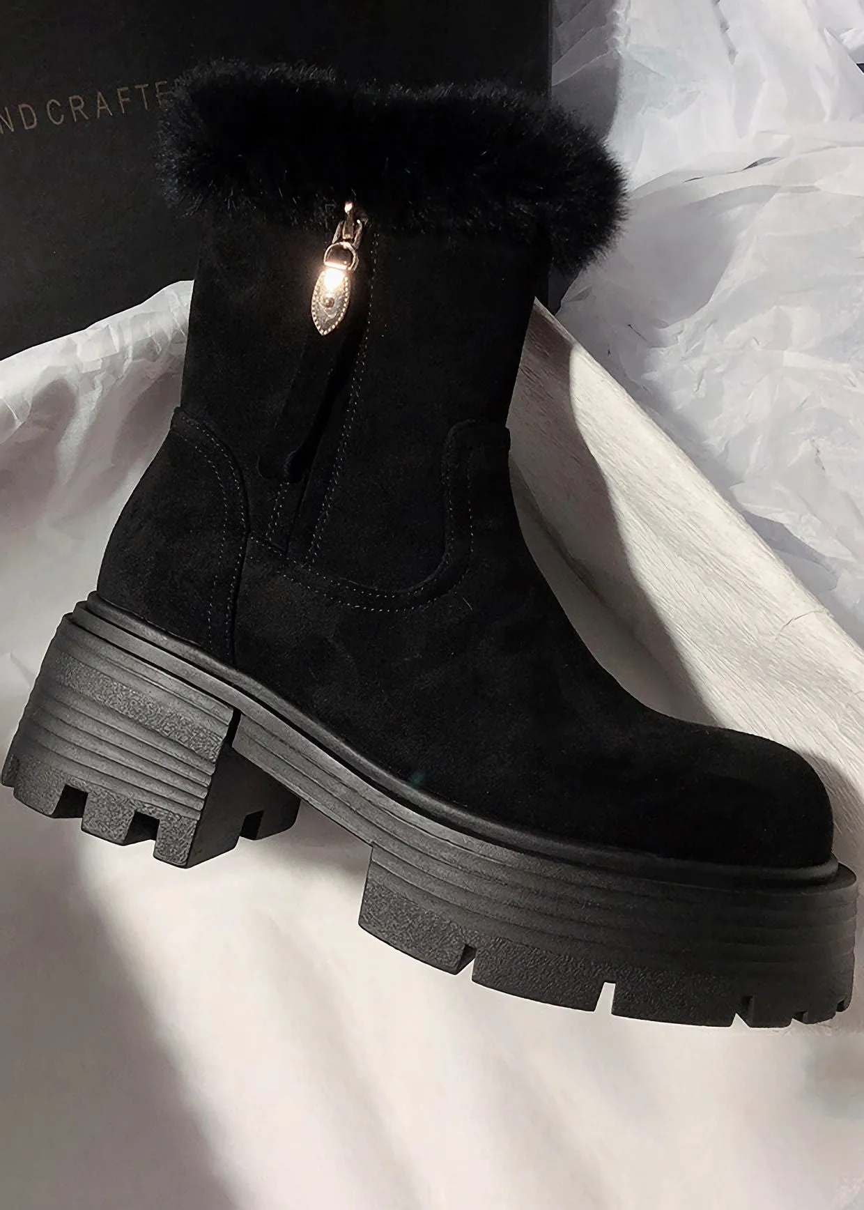 Suede Leather Fluffy Rabbit Fur Lined Booties