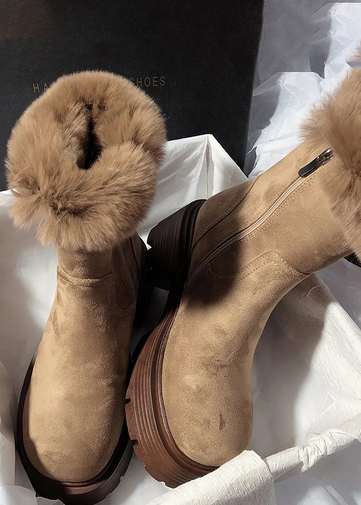 Suede Leather Fluffy Rabbit Fur Lined Booties
