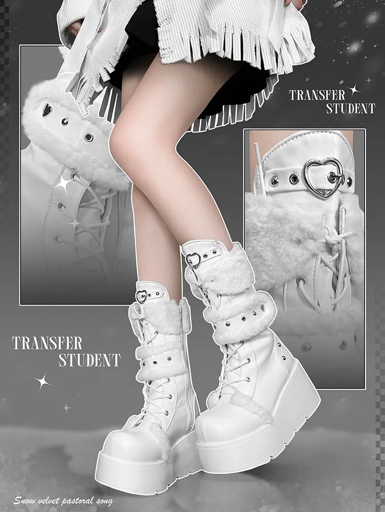Transfer Student Snow Velvet Pastoral Pink Black White Tall Boots Shoes