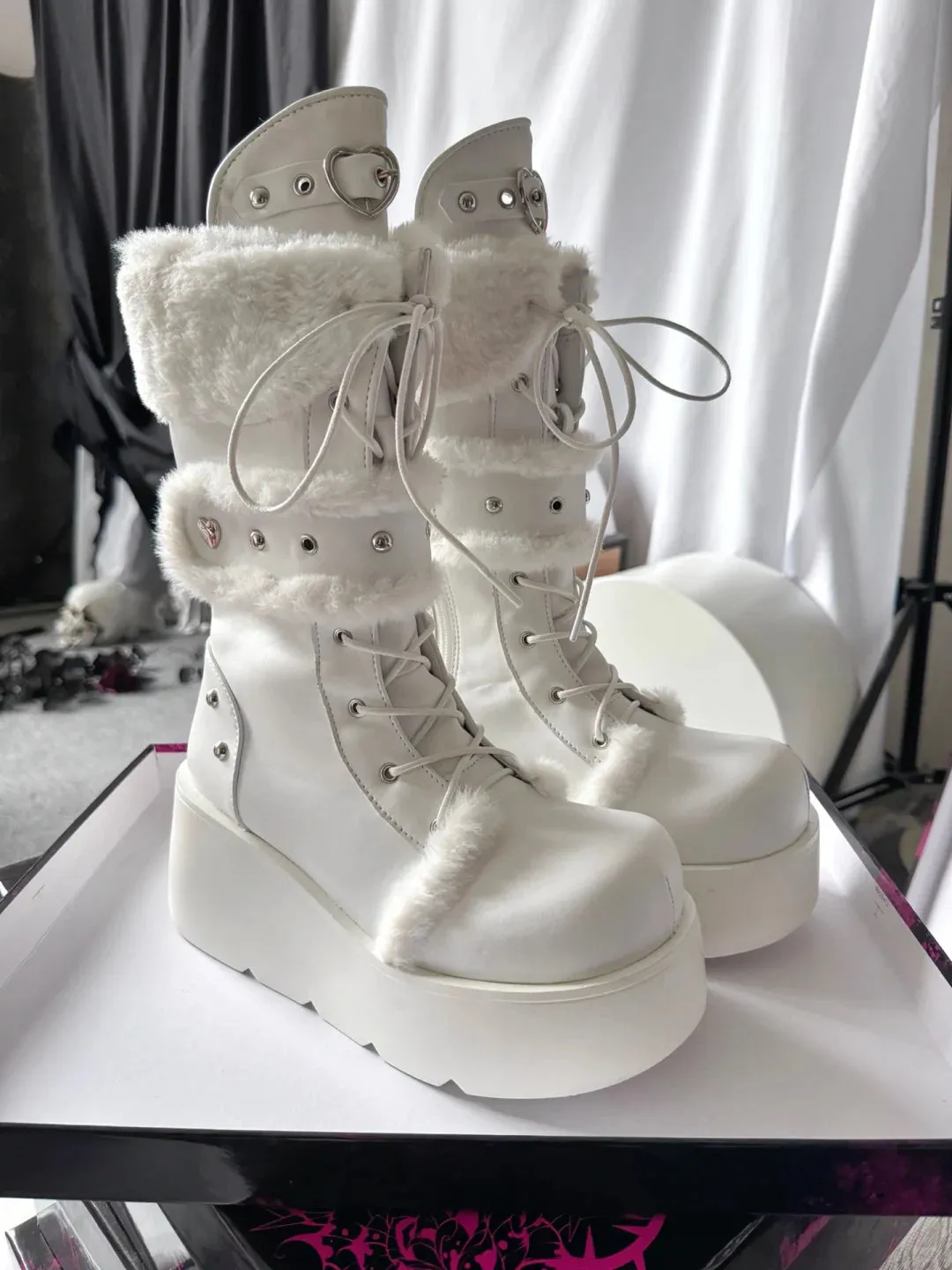Transfer Student Snow Velvet Pastoral Pink Black White Tall Boots Shoes