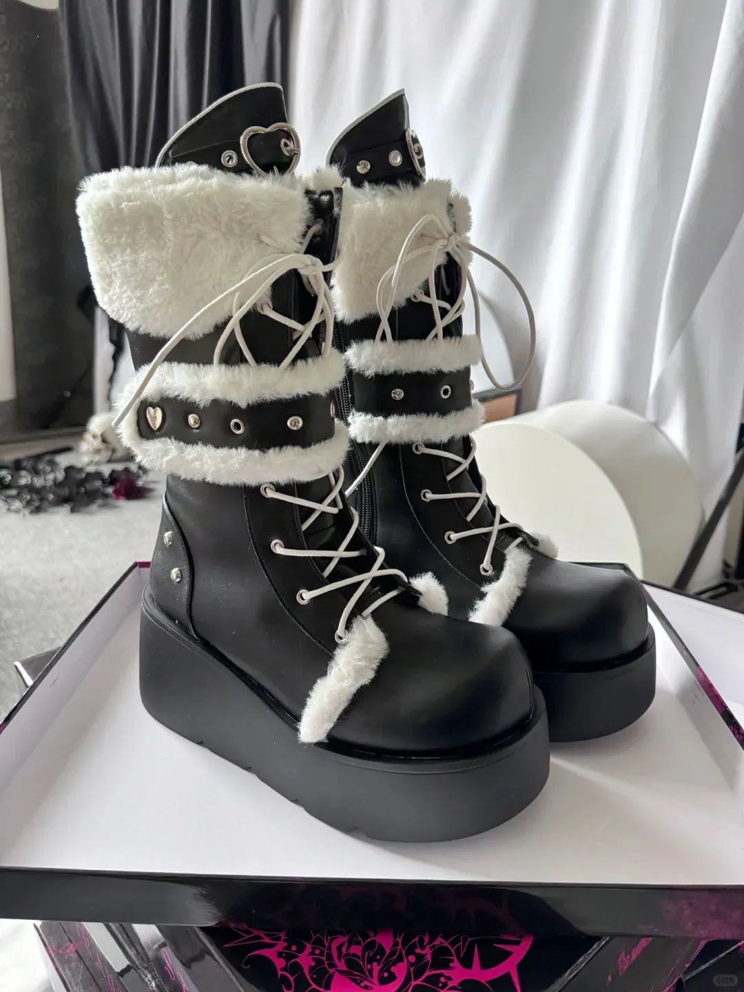 Transfer Student Snow Velvet Pastoral Pink Black White Tall Boots Shoes