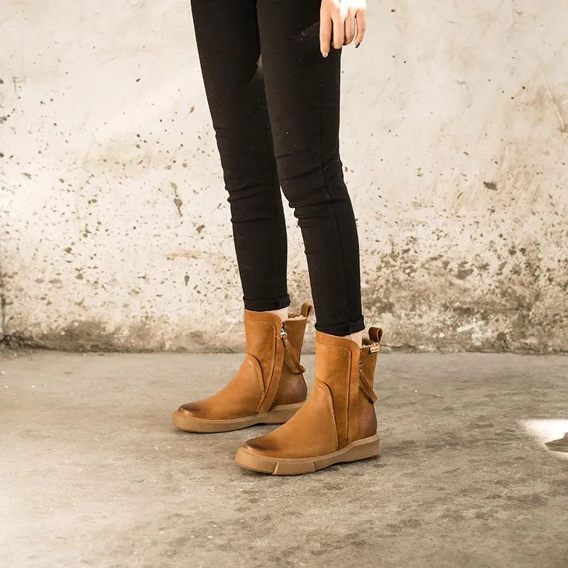 Waxing Leather Chelsea Boots Handmade British Boots Double Zip Fleece Lined Snow Boots
